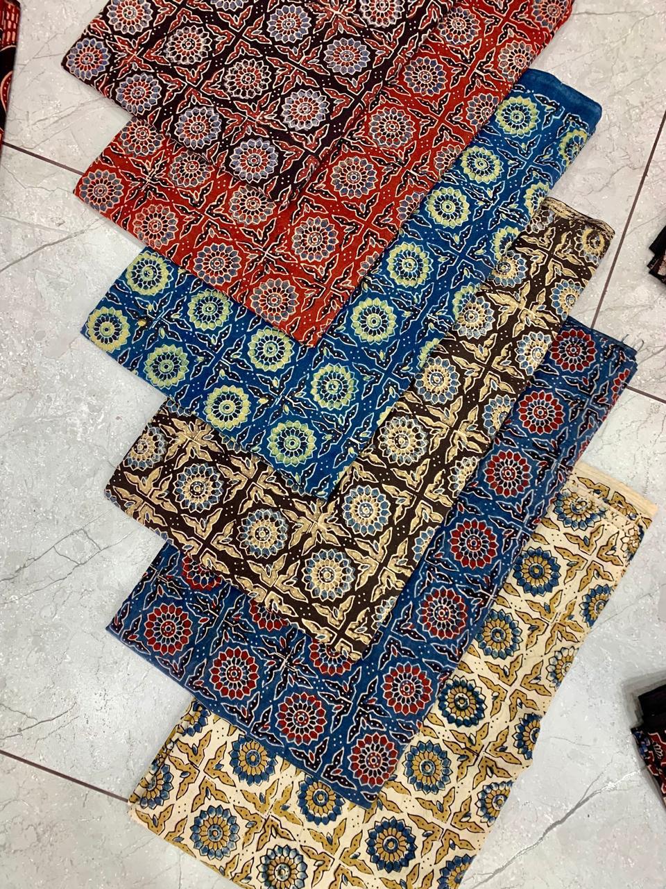 Ajrakh pure cotton handblock printed fabric in mustard shade with leaf jaal pattern